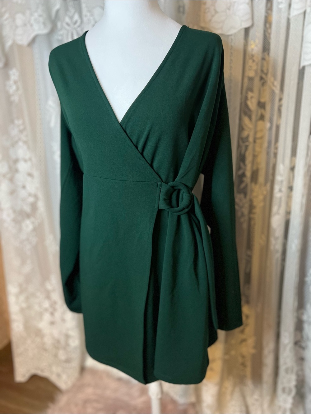 Plus Size Forever 21 Deep Green Long Sleeve Wrap Romper with Belt